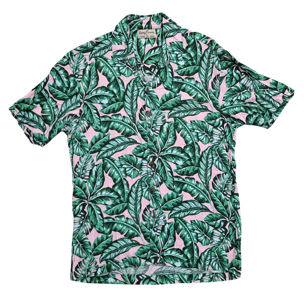 Kenny Flowers Shirt Mens M Green Pink Tropical Frond‎ Hawaiian Camp Button Up
